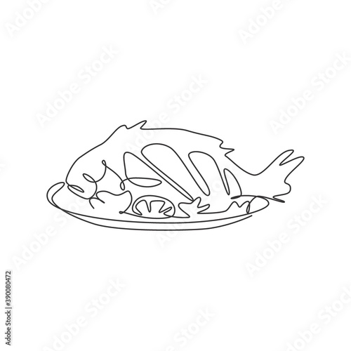 Single continuous line drawing stylized baked sea fish logo label. Grilled seafood restaurant concept. Modern one line draw design vector graphic illustration for cafe  shop or food delivery service