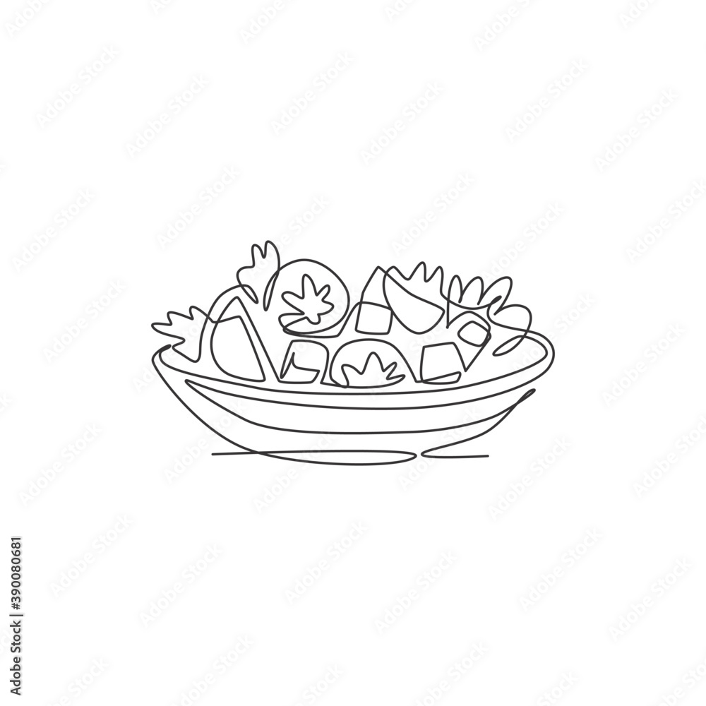 One single line drawing of fresh healthy vegetables salad logo vector