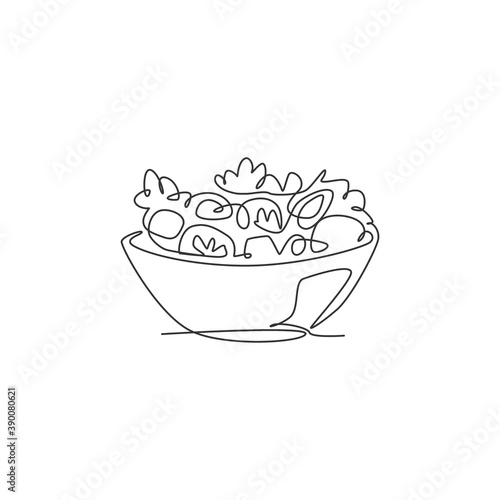 Single continuous line drawing of stylized vegetables salad on bowl logo label. Healthy food restaurant concept. Modern one line draw design vector illustration for cafe, shop or food delivery service