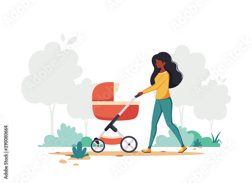 Black woman walking with baby carriage. Outdoor activity. Vector illustration.