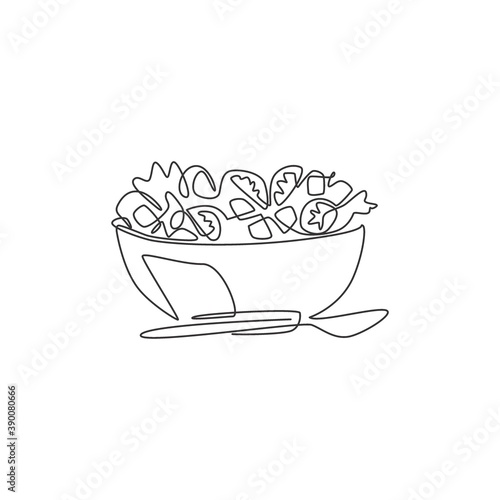 One continuous line drawing of fresh delicious vegan salad restaurant logo emblem. Healthy food cafe shop logotype template concept. Modern single line draw design graphic vector illustration
