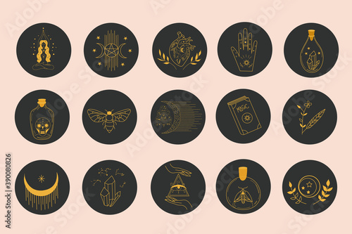 Big Set of various vector highlight covers with Sacred Witch and Mystical Symbols, featuring astrology objects, heart, crystal, hand, moon, fantasy animals, mythical creature, esoteric, boho objects