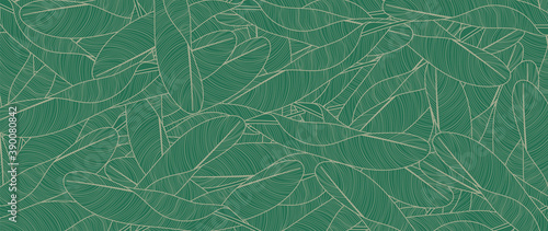 Luxury nature line art ink drawing background vector. Botanical leaves, Canna leaves, banana leaf, and Tropical floral pattern vector illustration.
