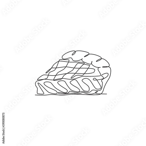 One single line drawing of fresh sliced apple pie logo graphic vector illustration. Pastry bakery food cafe menu and restaurant badge concept. Modern continuous line draw design cake logotype