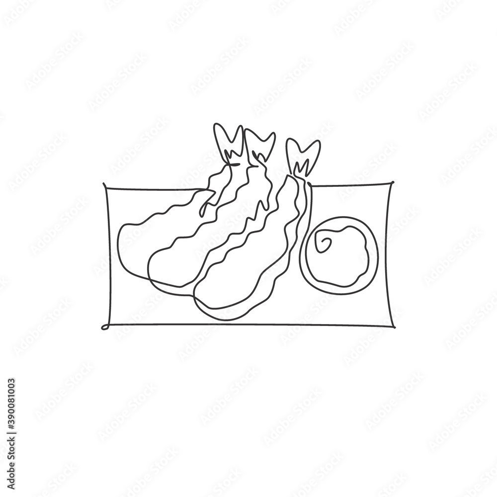 Fototapeta One continuous line drawing of fresh delicious Japanese shrimp tempura restaurant logo emblem. Seafood cafe shop logotype template concept. Modern single line draw design graphic vector illustration