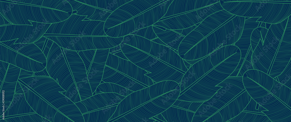 Luxury nature line art ink drawing background vector. Botanical leaves, Canna leaves, banana leaf, and Tropical floral pattern  vector illustration.