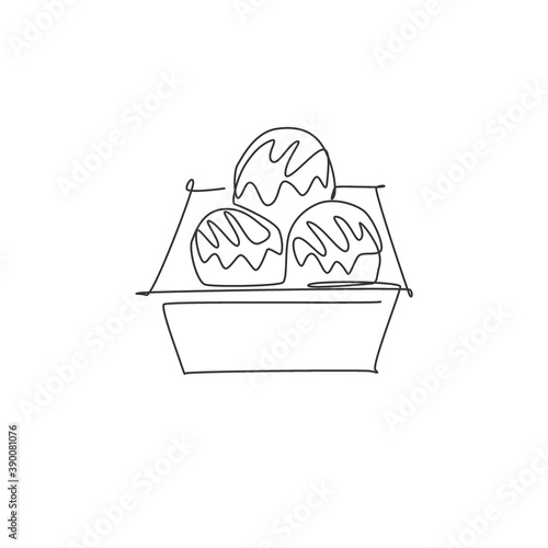 Single continuous line drawing of stylized Japanese takoyaki ball logo label. Emblem seafood restaurant concept. Modern one line draw design vector illustration for cafe, shop or food delivery service