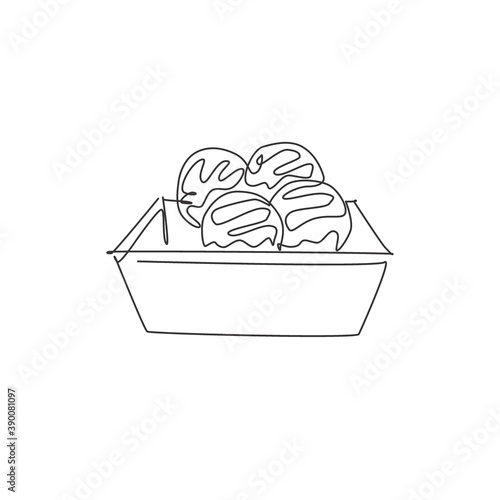 One single line drawing of fresh Japanese takoyaki ball logo vector graphic illustration. Seafood cafe menu and restaurant badge concept. Modern continuous line draw design street food logotype