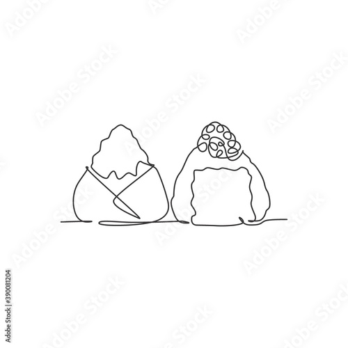 One single line drawing of fresh Japanese onigiri rice logo graphic vector illustration. Japan seafood cafe menu and restaurant badge concept. Modern continuous line draw design street food logotype