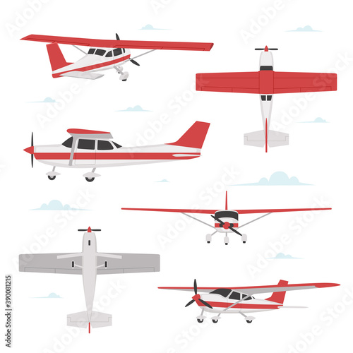 Propeller plane in different views. Small light aircraft with single engine photo