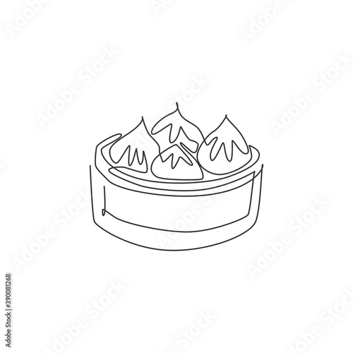 One single line drawing of fresh Chinese dumpling logo graphic vector illustration. Asian food cafe menu and restaurant badge concept. Modern continuous line draw design street food logotype
