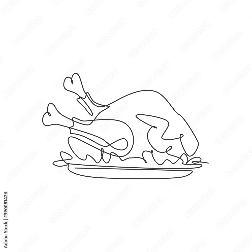 One single line drawing of fresh delicious roasted turkey graphic vector illustration. Typical food menu for holiday celebration festival concept. Modern continuous line draw design logotype