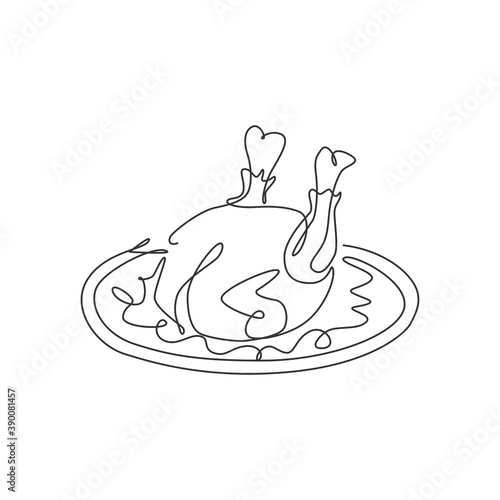 Single continuous line drawing of stylized delicious roasted turkey for restaurant menu. Typical food for holiday festival celebration concept. Modern one line draw design graphic vector illustration