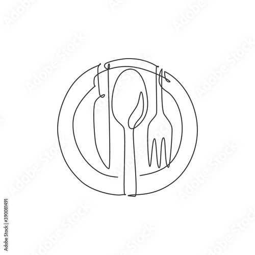 One single line drawing of plate knife, fork and knife for restaurant logo vector illustration graphic. Luxury cafe badge concept. Modern continuous line draw design food store art logotype