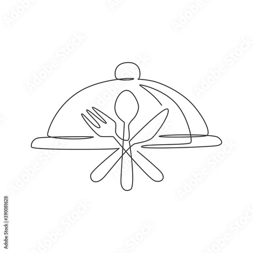 One continuous line drawing of food tray cover cloche with fork, spoon and knife for restaurant logo emblem. Luxury cafe logotype template concept. Modern single line draw design vector illustration