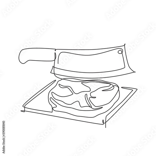 One continuous line drawing of fresh delicious beef steak on hot plate with big knife. Steak restaurant logo template concept. Modern single line draw design vector illustration graphic