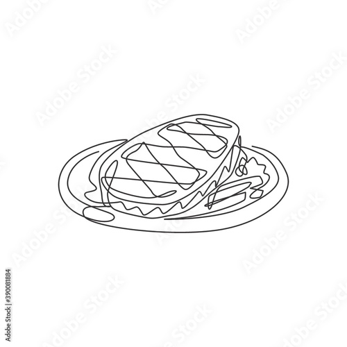 One single line drawing of fresh delicious rib eye steak on plate logo vector art illustration. Steak restaurant badge concept. Modern continuous line graphic draw design