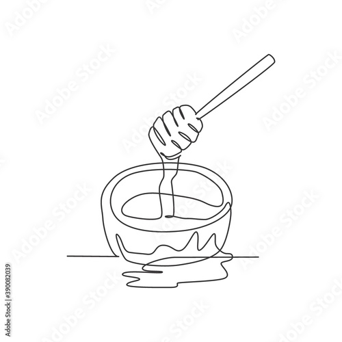 One continuous line drawing of fresh delicious sweet honey on wooden bowl with dipper drip. Natural organic food template concept. Modern single line draw design healthy supplement vector illustration