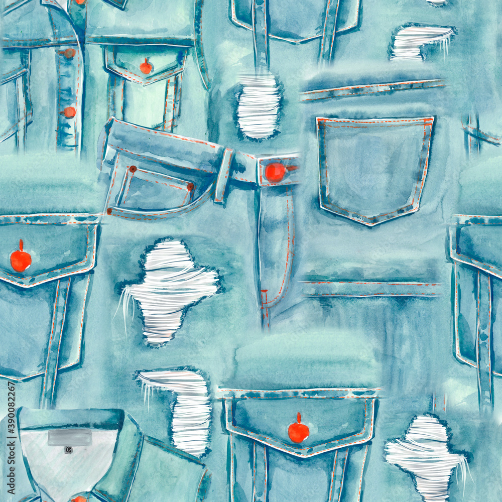 Seamless jeans pattern-blue denim texture. Denim patchwork material.  Seamless pattern of real denim pants. Stock Illustration | Adobe Stock