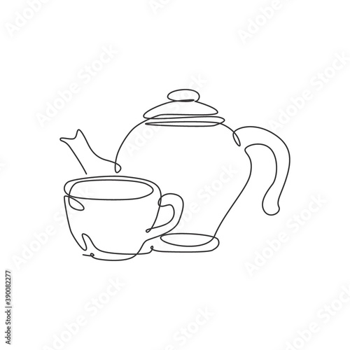 Single continuous line drawing of stylized clay ceramic teapot and porcelain cup of tea. Emblem beverage store concept. Modern one line draw design vector graphic illustration for cafe and drink shop