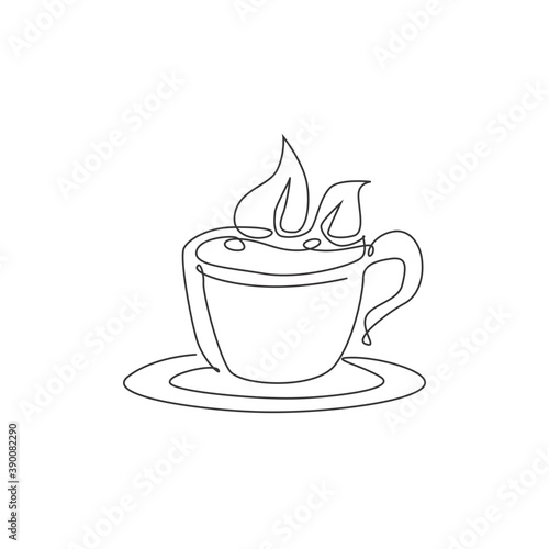 One continuous line drawing of fresh hot cup of tea with green natural tea leaves logo emblem. Beverage store and cafe logotype template concept. Modern single line draw design vector illustration