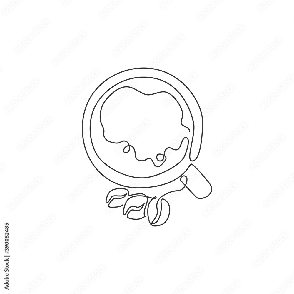 Single continuous line drawing of top view cup of coffee with beans logo label. Emblem coffee shop concept. Modern one line draw design vector illustration for cafe, shop or drink delivery service