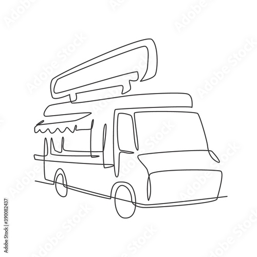 One continuous line drawing of vintage food truck for festival logo emblem. Mobile fast food cafe shop logotype template concept. Modern single line draw design vector graphic illustration