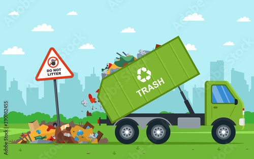 it is illegal to throw city waste into the field. dump truck unloads waste. flat vector illustration.