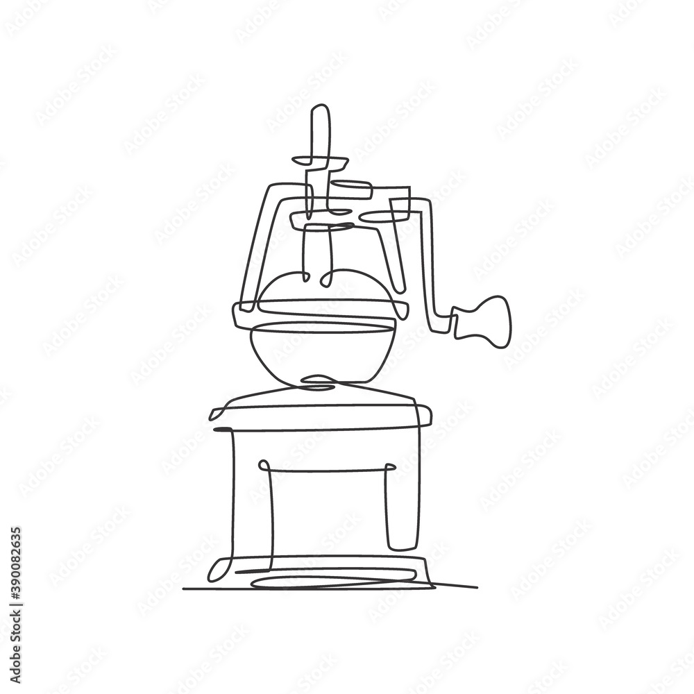 One single line drawing of manual handy wooden vintage coffee beans grinder logo vector illustration. Old classic coffee mill badge concept. Modern continuous line draw design beverage store logotype One single line drawing of manual handy wooden vintage coffee beans grinder logo vector illustration. Old classic coffee mill badge concept. Modern continuous line draw design beverage store logotype