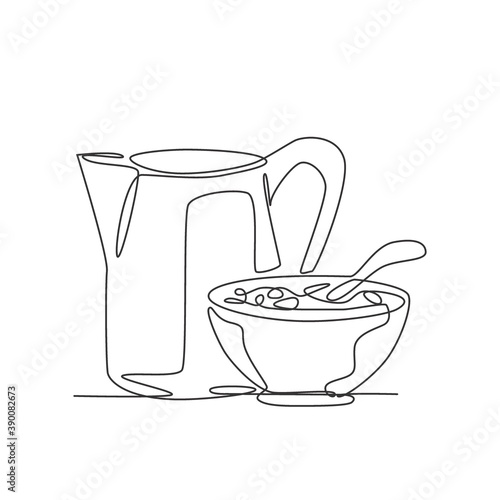 One single line drawing of bowl of cereal breakfast and pitcher of milk vector graphic illustration. Healthy daily food badge concept. Modern continuous line draw design natural food logotype
