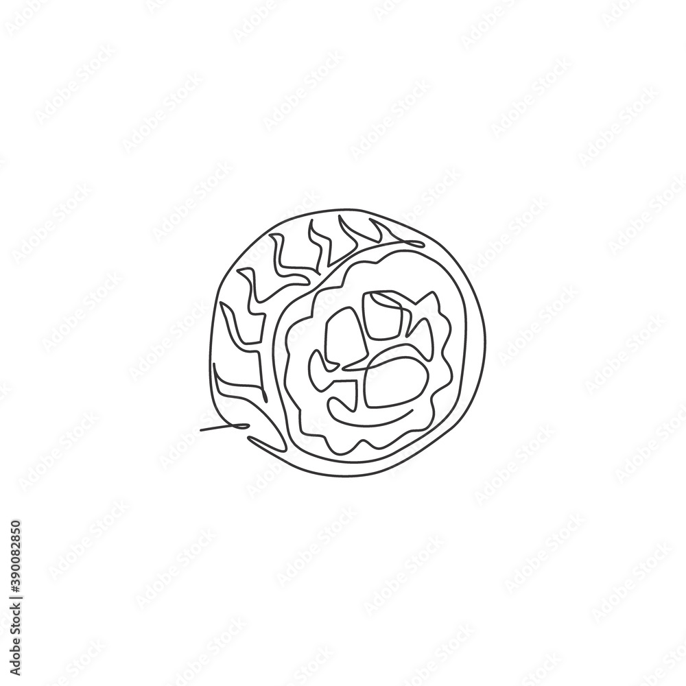 One continuous line drawing of fresh delicious Japanese sushi maki bar restaurant logo emblem. Japan seafood cafe shop logotype template concept. Modern single line draw design vector illustration One continuous line drawing of fresh delicious Japanese sushi maki bar restaurant logo emblem. Japan seafood cafe shop logotype template concept. Modern single line draw design vector illustration