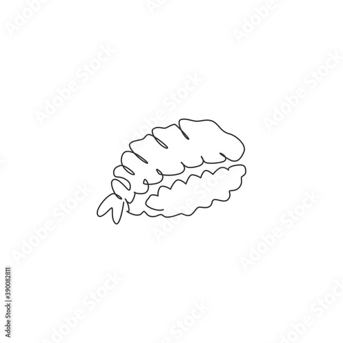 One single line drawing fresh Japanese nigiri sushi bar logo vector graphic illustration. Japan sea food cafe menu and restaurant badge concept. Modern continuous line draw design street food logotype