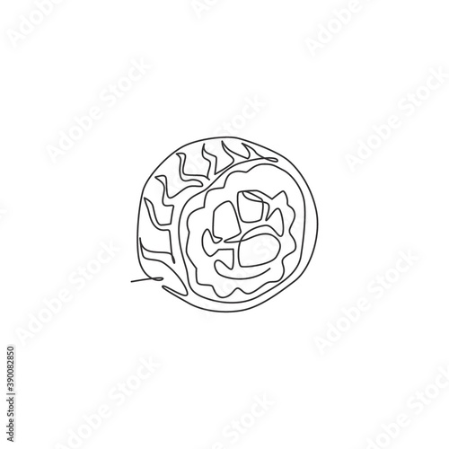 One continuous line drawing of fresh delicious Japanese sushi maki bar restaurant logo emblem. Japan seafood cafe shop logotype template concept. Modern single line draw design vector illustration