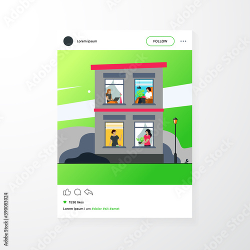 Building exterior with open windows and people inside their apartment. Neighbor women greeting each other, using laptops, reading book. Vector illustration for staying at home, leisure concept