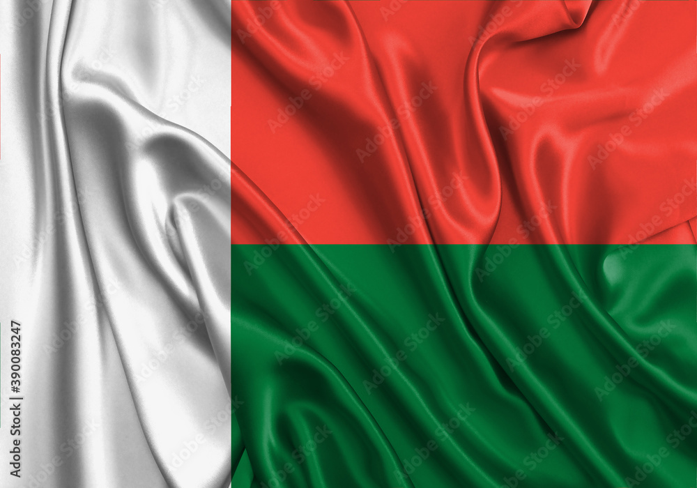 Madagascar , national flag on fabric texture. International relationship.