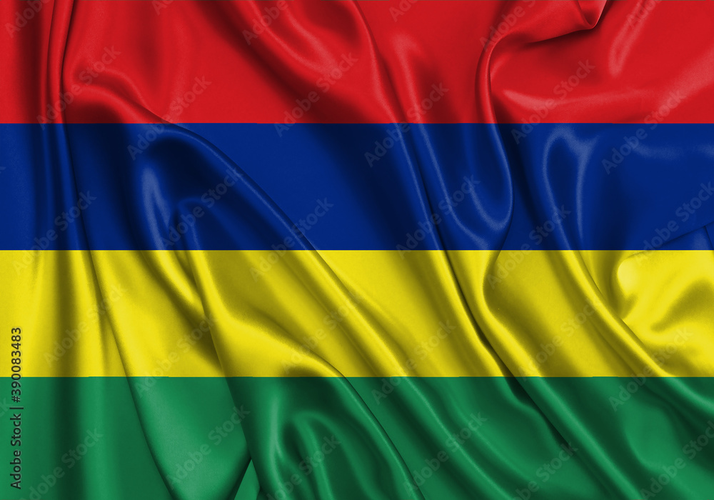 Naklejka premium Mauritius , national flag on fabric texture. International relationship.
