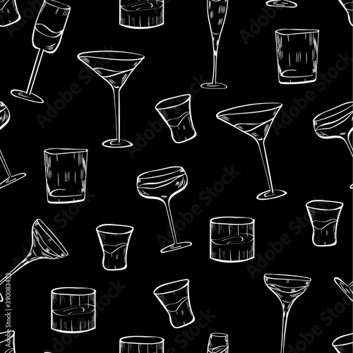 Bar, glasses outline chalk vector seamless pattern on dark background. Concept for menu, cards, wallpaper