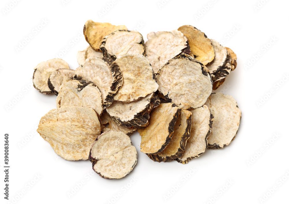 Peruvian ginseng or maca Lepidium meyenii, dried root and pow ,slice on a white background Peruvian ginseng or maca Lepidium meyenii, dried root and pow ,slice on a white background