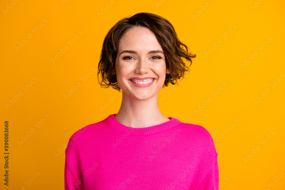 Portrait of satisfied girl look in camera wear casual style pullover isolated over shine color background Portrait of satisfied girl look in camera wear casual style pullover isolated over shine color background