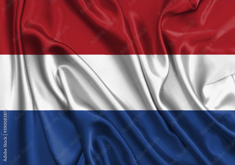 Netherlands , national flag on fabric texture. International relationship.