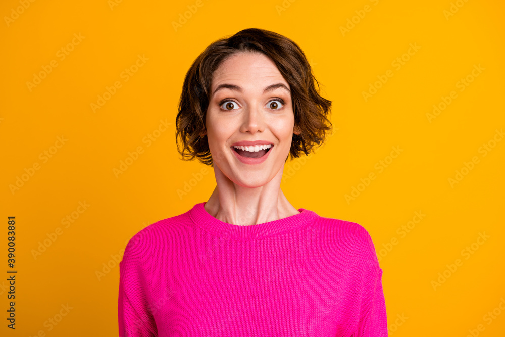 Portrait of astonished girl wear good look pullover isolated over vibrant color background Portrait of astonished girl wear good look pullover isolated over vibrant color background