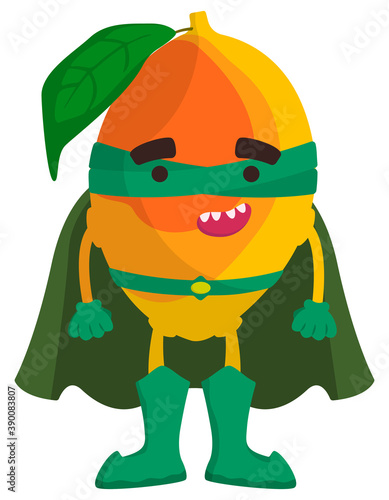 Funny fruit superhero. Mango in cartoon style.