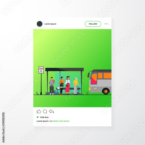 Passengers waiting for public transport at bus stop flat vector illustration. Cartoon characters using auto. Transportation and conveyance concept.