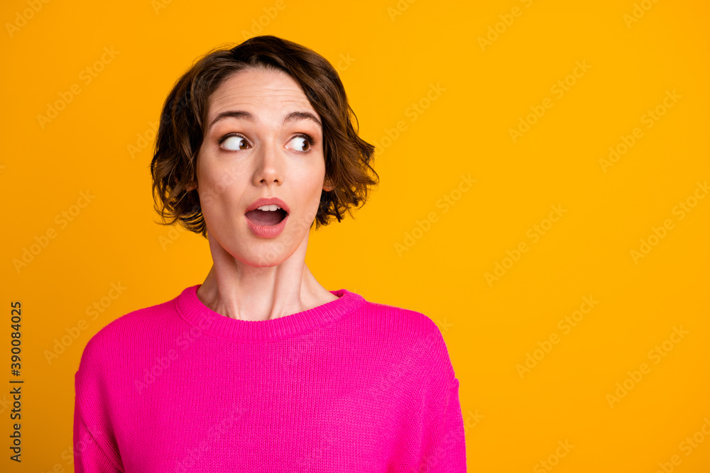 Portrait of astonished girl look copyspace open mouth wear pullover isolated over vivid color background Portrait of astonished girl look copyspace open mouth wear pullover isolated over vivid color background