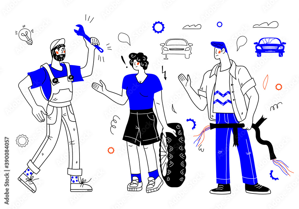 Car repair banner with auto mechanic helping car owners to fix automobile, cartoon vector illustration. Design for auto repair service and auto workshop.