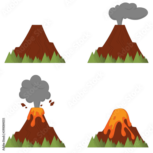 Volcanic eruption process. Disaster in linear cartoon style.