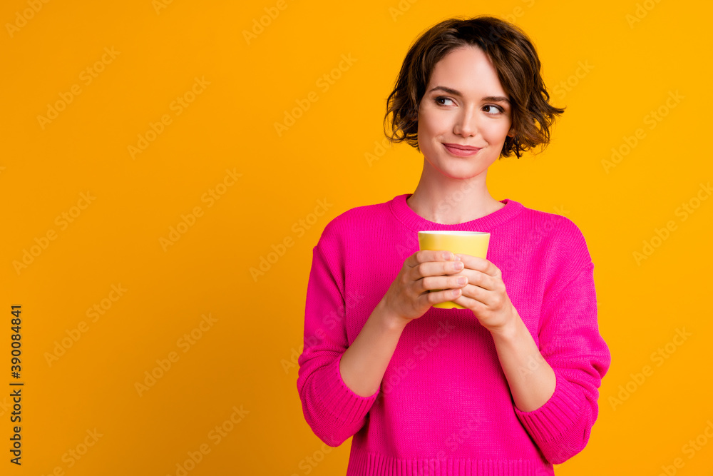 Photo of charming lady look copyspace hold latte coffee cup wear pullover isolated over shine color background Photo of charming lady look copyspace hold latte coffee cup wear pullover isolated over shine color background