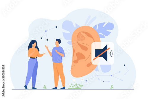 Couple of deaf people talking with hand gestures, huge ear and mute sign in background. Vector illustration for hearing loss, communication, sign language concept