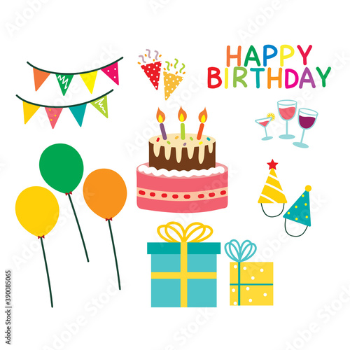 Collection set of birthday accessories. stickers for birthday invitation, kids doodle.