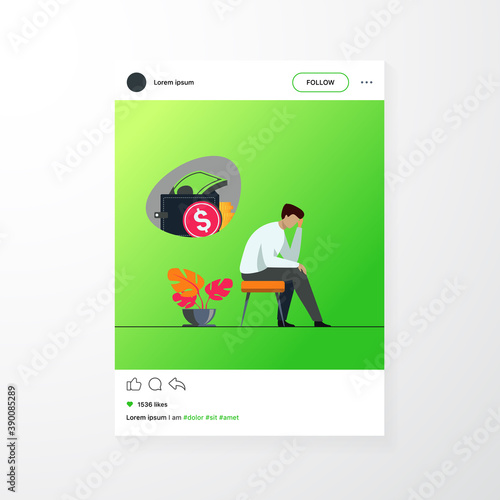 Depressed sad man thinking over financial problems and debts. Businessman broke, needing money, having unpaid loan. Vector illustration for bankruptcy, loss, crisis, trouble concept